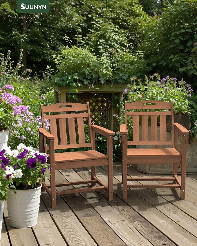 Set of 2 Weatherproof Patio Chairs - HDPE Outdoor Dining Chairs with Wide Seat, Ergonomic Design - for Garden, Backyard, Deck - Teak