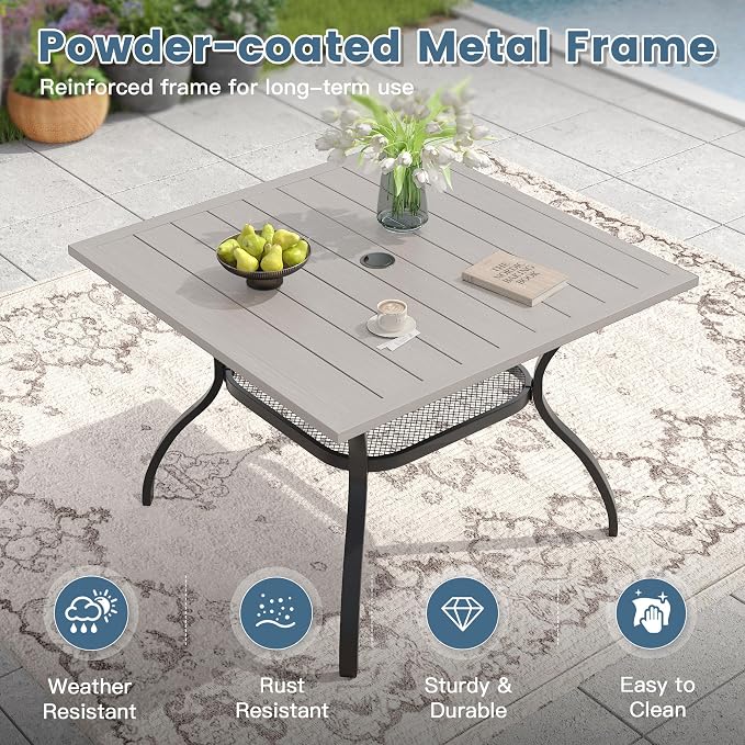 DIFY 5 Piece Outdoor Dining Set, 38" Grey Wood-Like Square Metal Patio Table and Grey Textilene Stackable Chairs for 4, All Weather Patio Furniture Set with Umbrella Hole for Backyard Garden Deck
