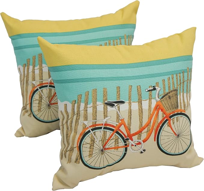 Blazing Needles Outdoor Square Throw Pillow, 17", Bicycle Sunrise 2 Count