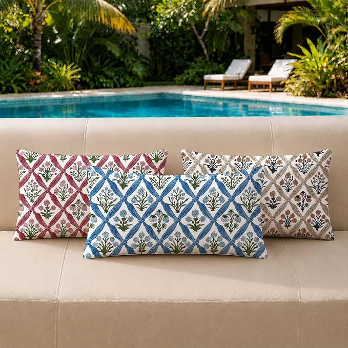 Allorry Floral Outdoor Pillow Covers 12x20 Brown Outdoor Waterproof Decor | Set of 2 Vintage Floral Block Print Pillow Cover,Farmhouse Boho Decorative for Spring Summer Outdoor Sofa Bedroom Decor
