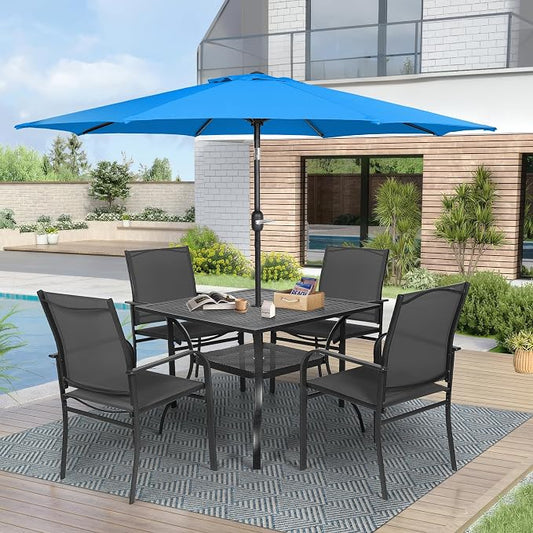 Crownland 5 Piece Patio Dining Set, Textilene Dining Sets, 4 Textilene Metal Chairs and Square Outdoor Dining Table with Sky Blue 9FT Round Outdoor Umbrella (Black)