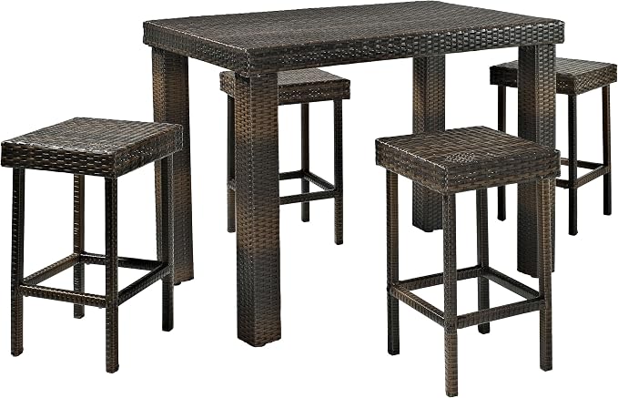 Crosley Furniture Palm Harbor 5-Piece Outdoor Dining Set for 4, Counter Height Wicker Patio Table and Stools, Brown