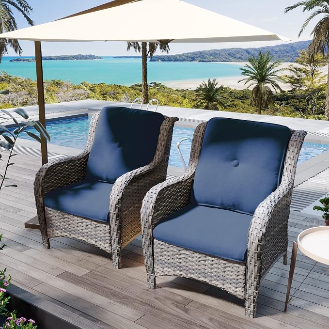 Outdoor Wicker Chair Rattan Patio Dining Chairs Set of 6 PE Wicker Patio Chairs with 4 inch Seat Cushions Outdoor Patio Seating Chair for Garden, Backyard Swimming Pool, Balcony, Blue