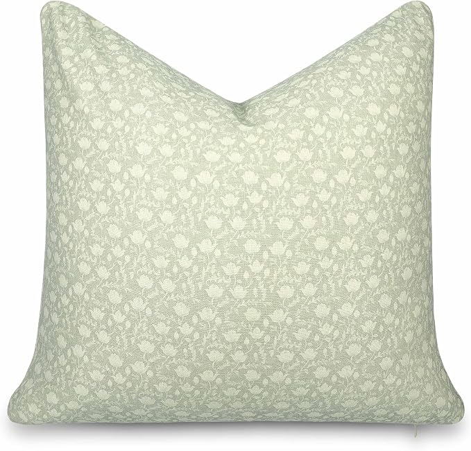 Modern Farmhouse California Casual Indoor Outdoor Throw Pillow Cover, 22"x22" Water Repellent for Patio, Backyard, Couch, Poolside, Light Green Print Botanical Flowers and Leaves