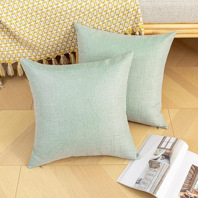 Kevin Textile Outdoor Waterproof 18”x18” Pillow Covers 2 Pack, Mint | Water Resistant, Soft Faux Linen-cotton Yarn-dyed Woven Texture Throw Pillow Covers for Tent Patio Garden Couch Sofa