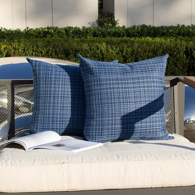 Kevin Textile Outdoor Waterproof 24x24 Inch Pillow Covers 2 Pack, Navy Blue | Water Resistant, Faux Linen Yarn-dyed, Woven Texture Euro Throw Pillow Covers for Tent Patio Garden Couch Sofa