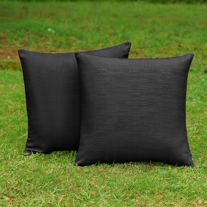 NiNi ALL Waterproof Outdoor Pillow Covers 16x16 Set of 2 Patio Black | Faux Linen Textured Decorative Solid Throw Pillow Covers Farmhouse for Garden Furniture Tent Balcony Couch Sofa Cushion