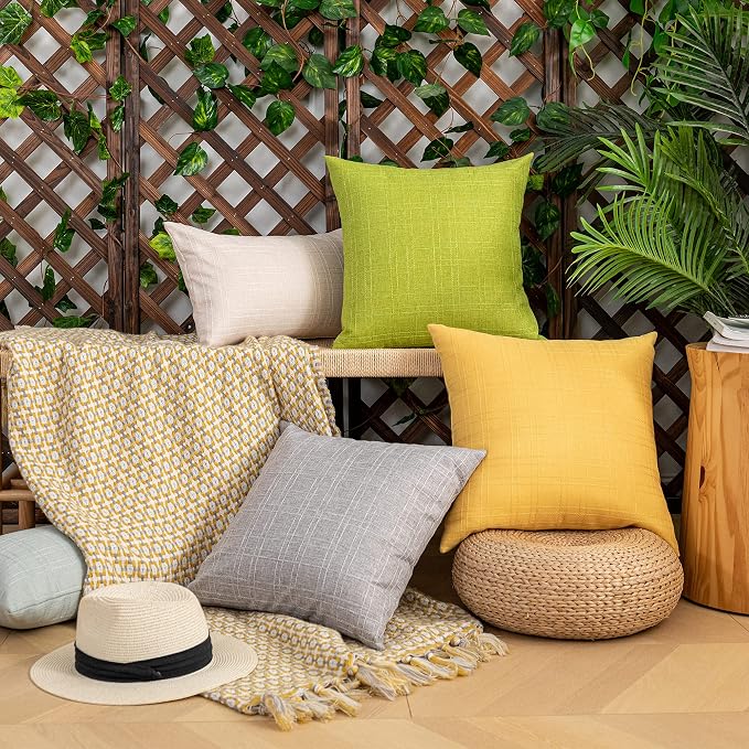 Kevin Textile Outdoor Waterproof 26”x26” Pillow Covers 2 Pack, Green | Water Resistant, Soft Faux Linen-cotton Yarn-dyed Woven Texture Throw Pillow Covers for Tent Patio Garden Couch Sofa