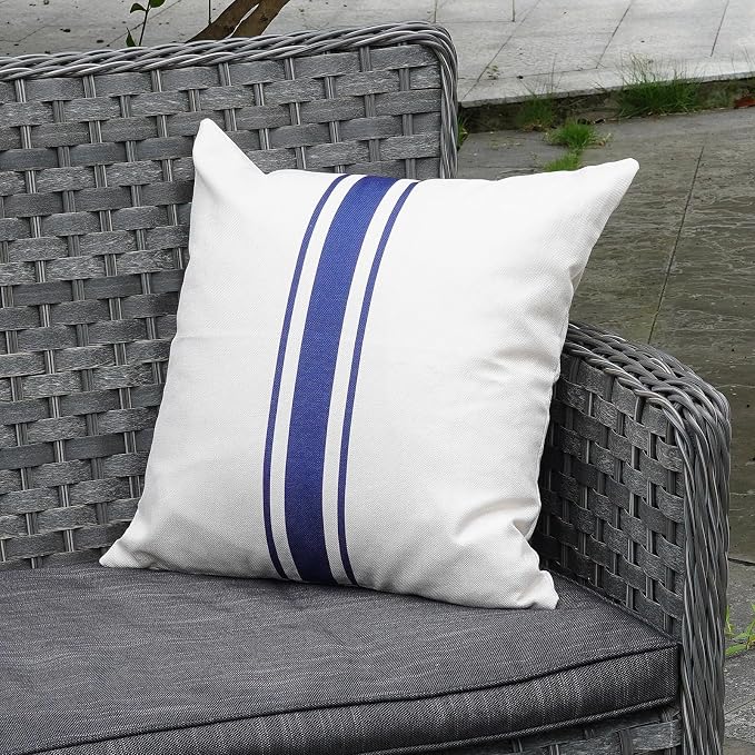 ONWAY Outdoor Pillow Covers Waterproof 18x18 Set of 2 Decorative Linen Throw Pillow Cover Beige and Navy Blue Striped Outdoor Pillows for Patio Furniture