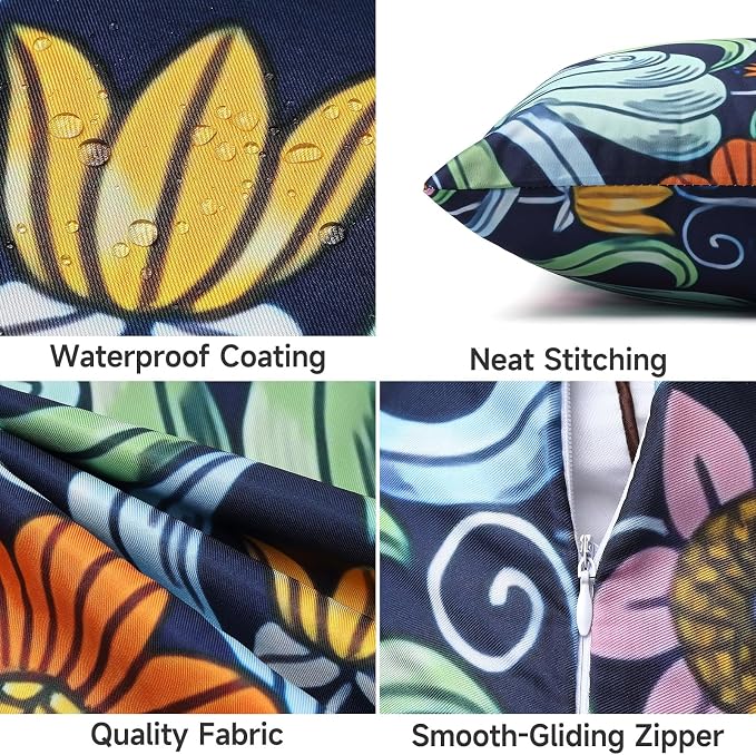 Outdoor Pillow Covers Waterproof Cushion Covers Patio Pillows Case 2 Pack | 18x18inch,Printed Boho Flowers,Seamless,Hidden Zipper,Machine Washable,Perfect decoration for Porch,Patio,Balcony