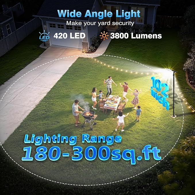 100" Solar Lamp Post Lights with Pole & Remote, Outdoor IP65 Waterproof 420 LEDs Solar Street Lights, Black Metal Flood Solar Motion Pathway Lights for Yard, Garden, Patio, Lawn, Garage
