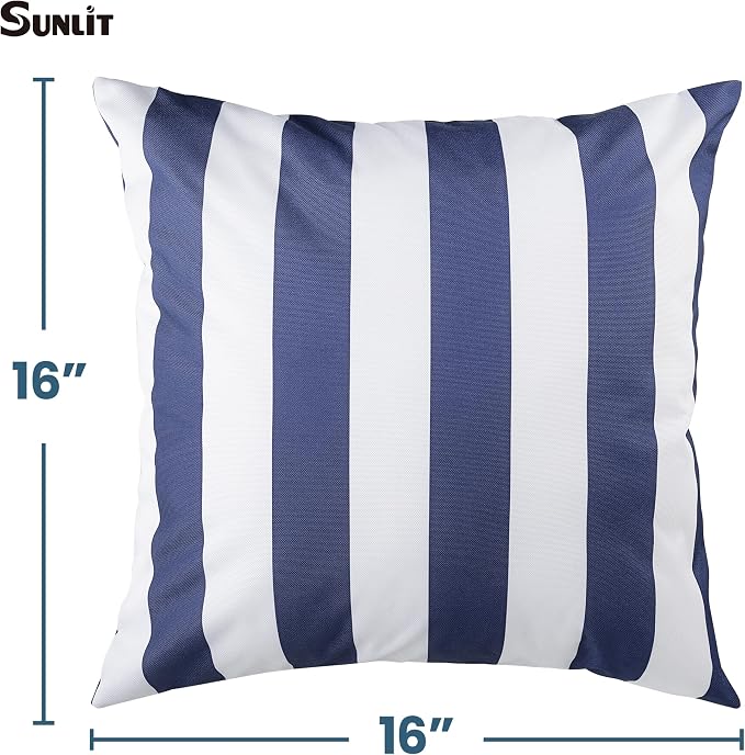 Outdoor Pillow Covers 16x16 Inch, Waterproof Throw Pillow Covers Pack of 2, Water-Resistant Decorative Pillow Case for Patio Furniture Tent Garden, Nautical Navy Blue White Stripes, Cover ONLY