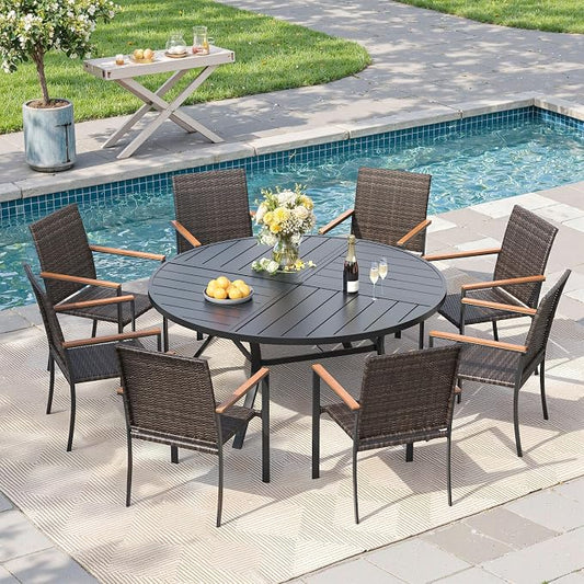 Round Patio Dining Set for 8, Outdoor Furniture Set of 53.1" Round Metal Table with Umbrella Hole and Stackable Wicker Patio Chairs for Backyard Lawn Garden, Walnut Chairs, Black Table