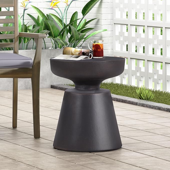 Outdoor Side Table 17.75" Hourglass Shape Lightweight Concrete-Look Outdoor Indoor Accent Table Decorative Garden Stools, for Patio Porch Living Room, Black