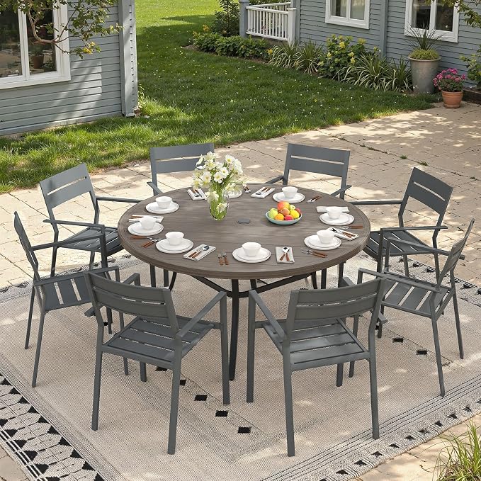 Outdoor Dining Table for 8, 53" Round Outdoor Table with Adjustable Umbrella Hole, All-Weather Metal Patio Dining Table for Lawn Garden Backyard Deck, Grey