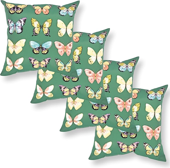 Outdoor Throw Pillows Waterproof Set of 4 18x18 Inches for Sofa, Couch, Bed & Patio Furniture | Green Butterfly Outdoor Pillows with Insert