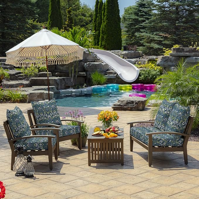 Arden Outdoor Deep Seat Cushion Set, Foam, 24x24, Blue Damask | Sofa, Couch, Conversation Set, Premium High-Density Foam, Never Flattens, Mold and Mildew Resistant