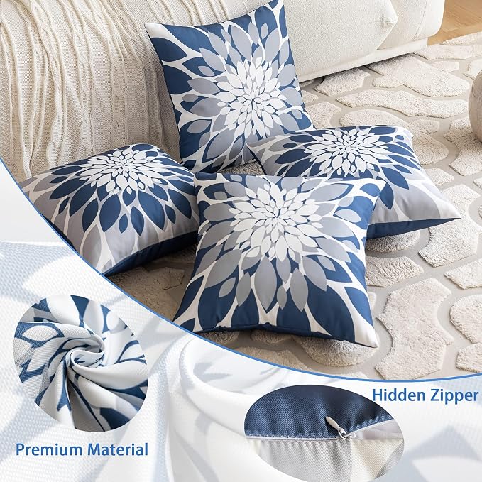 Pack of 4 Outdoor Waterproof Pillow Covers 22x22 Decorative Outdoor Throw Pillows Garden Square Cases for Patio Furniture, Couch, Tent Sunbrella, Bench, Blue Grey