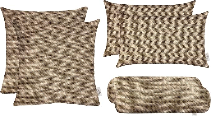 RSH DECOR: 6-Pack Pillow Set | Sunbrella Fabric |Water & Fade-Resistant| 17" Square, 20"x12" Lumbar, 20"x6" Neck Roll | Outdoor Pillows for Patio | Made in USA (Aviva Cumin Brown Herringbone)