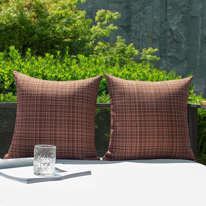 Kevin Textile Outdoor Waterproof 22x22 Inch Pillow Covers 2 Pack, Coffee | Water Resistant, Faux Linen Yarn-dyed, Woven Texture Throw Pillow Covers for Tent Patio Garden Couch Sofa