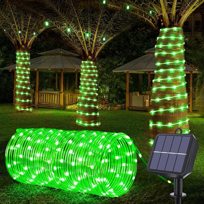 Jnaurb Solar Rope Lights, 66ft 200LED Solar String Lights, 8 Modes Waterproof Solar Outdoor Light, Flexible Clear Trampoline Light for Garden Backyard Patio Deck Porch Pool Tree Decor - Green