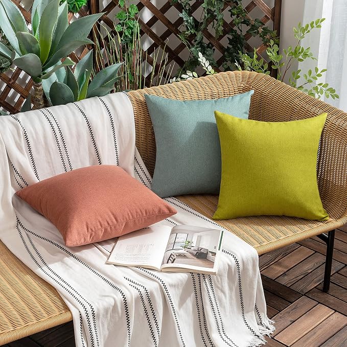 Outdoor Waterproof Throw Pillow Covers Teal 20x20 Set of 2 | Decorative Farmhouse Linen Pillowcases Solid Cushion Cases for Patio Tent Balcony Couch Sofa Living Room
