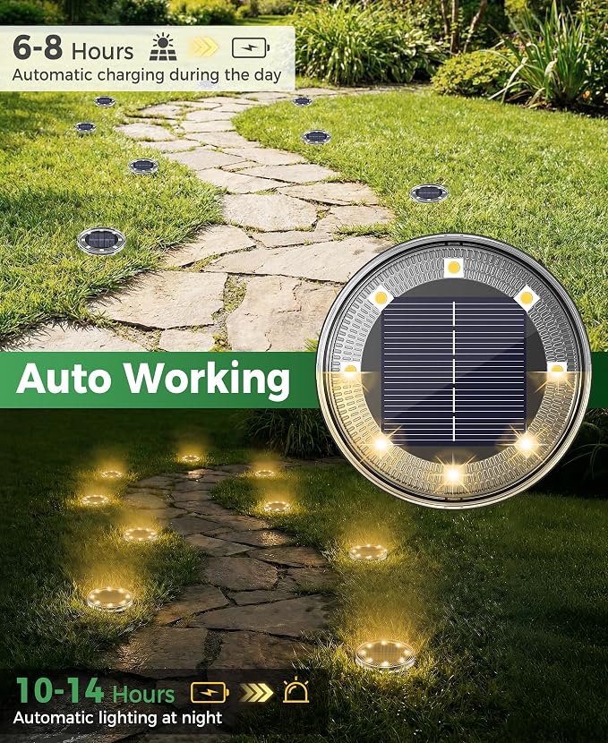 LOTMOS 4 Pack Solar Ground Lights Outdoor, 8 LED Solar Flat Lights IP68 Waterproof Disc Light, Landscape Lighting Solar Powered for Garden Yard Path Driveway Lawn Patio Walkway, Warm White