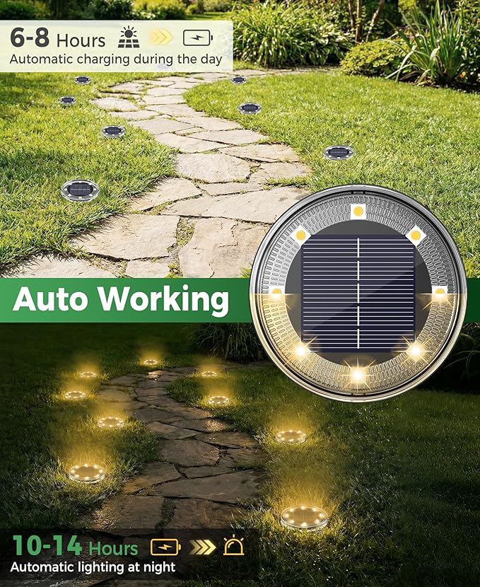 LOTMOS 20 Pack Solar Ground Lights Outdoor, 8 LED Solar Flat Lights IP68 Waterproof Disc Light, Landscape Lighting Solar Powered for Garden Yard Path Driveway Lawn Patio Walkway, Warm White