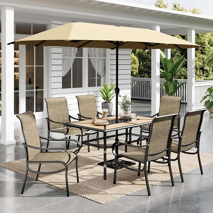 Sophia & William Patio Set with Umbrella Outdoor Dining Set with 13ft Beige Umbrella, 6 x Fixed Chairs, 1 Wood Like Patio Table for Lawn Garden Backyard Pool (Umbrella Base Not Included)