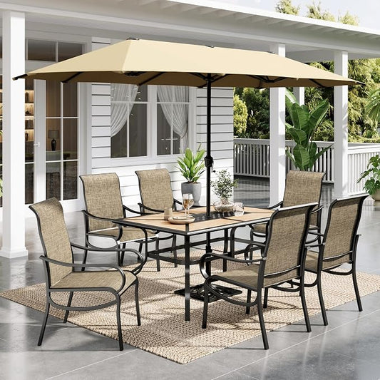 Sophia & William Patio Set with Umbrella Outdoor Dining Set with 13ft Beige Umbrella, 6 x Fixed Chairs, 1 Wood Like Patio Table for Lawn Garden Backyard Pool (Umbrella Base Not Included)