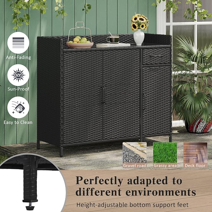 47.5" W Wicker Outdoor Storage Cabinet with Tempered Glass Desktop, Adjustable Shelf, Drawer, and Three Doors – Weather-Proof Rattan Bar Table for Outdoor Cushions and Pool Toys