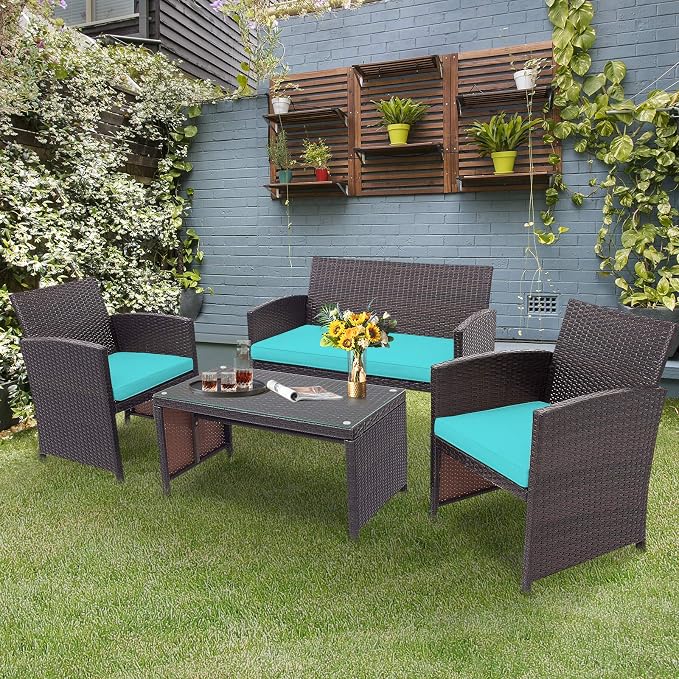 HAPPYGRILL Set of 4 Rattan Conversation Set Outdoor Wicker Furniture Set with Tempered Glass Coffee Table, Soft Cushions, Weather-Resistant Rattan Chair Set for Garden Backyard Poolside