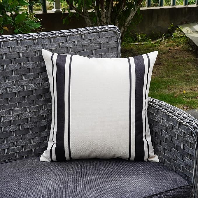 ONWAY Outdoor Pillow Covers Waterproof 18x18 Set of 2 Decorative Linen Throw Pillow Cover Beige and Black Striped Outdoor Pillows for Patio Furniture