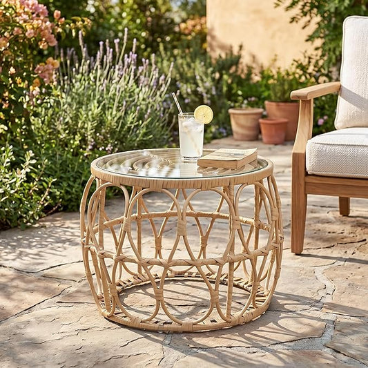Furniture of America Ysar Boho Rattan Round Coffee Table Outdoor with 5mm Tempered Glass Top, All-Weather and Rust Resistant Patio Furniture