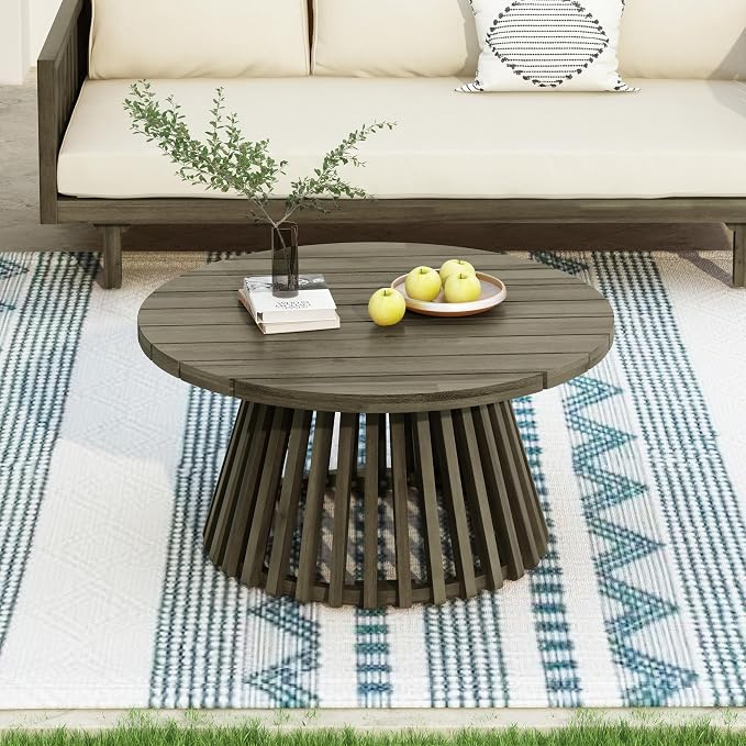 Christopher Knight Home Hakee Acacia Wood Patio Coffee Table, Round Table with Unique Wooden Base for Backyard, Balcony, Stylish Indoor/Outdoor Table, Easy Assembly, 31.5"x 31.5"x 16", Grey
