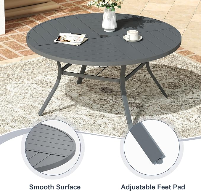 VICLLAX 50" Round Patio Dining Table for 6, All Weather Metal Outdoor Table with 1.57" Umbrella Hole and Surdy Frame for Garden Lawn Deck, Dark Grey