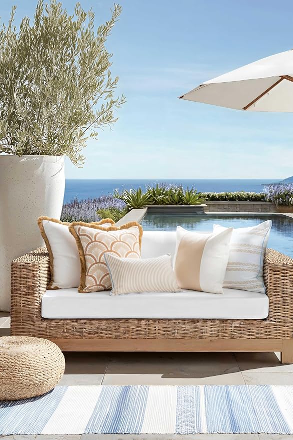 Hofdeco Premium Coastal Hampton Patio Indoor Outdoor Lumbar Pillow Cover Only, 12"x20" Water Repellent for Backyard, Couch, Poolside, Neutral Tan Blue Print Stripes