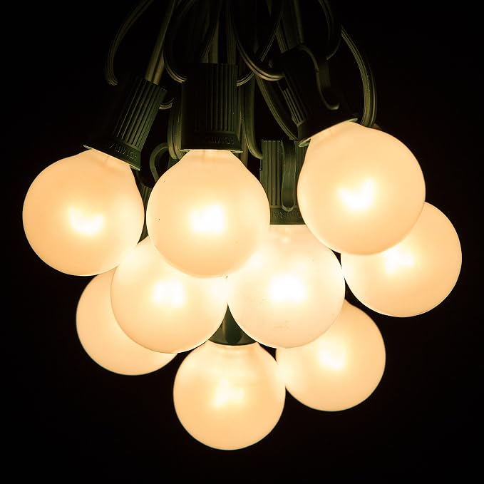 G40 White Pearl Outdoor Patio Globe String Lights (50 Foot - Green Wire) | G40 Frosted White Pearl 1.6" Bulbs