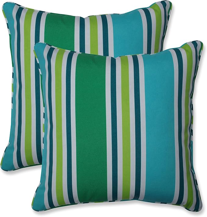 Pillow Perfect Stripe Indoor/Outdoor Accent Throw Pillow, Plush Fill, Weather, and Fade Resistant, Large Throw - 18.5" x 18.5", Blue/Green Aruba, 2 Count