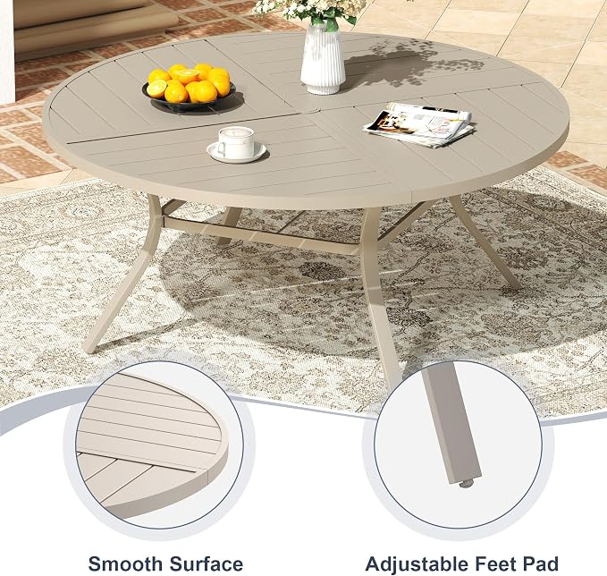 VICLLAX 53" Round Patio Dining Table for 6-8, All Weather Metal Outdoor Table with 1.57" Umbrella Hole and Surdy Frame for Garden Lawn Deck, Sandshell