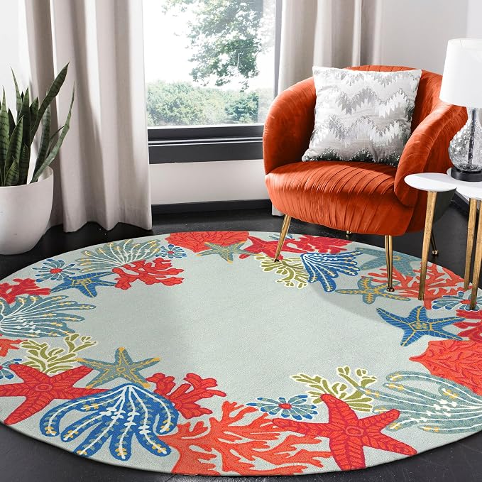Liora Manne Ravella Coastal Ocean Scene Indoor/Outdoor Round Rug, 8', Aqua Blue