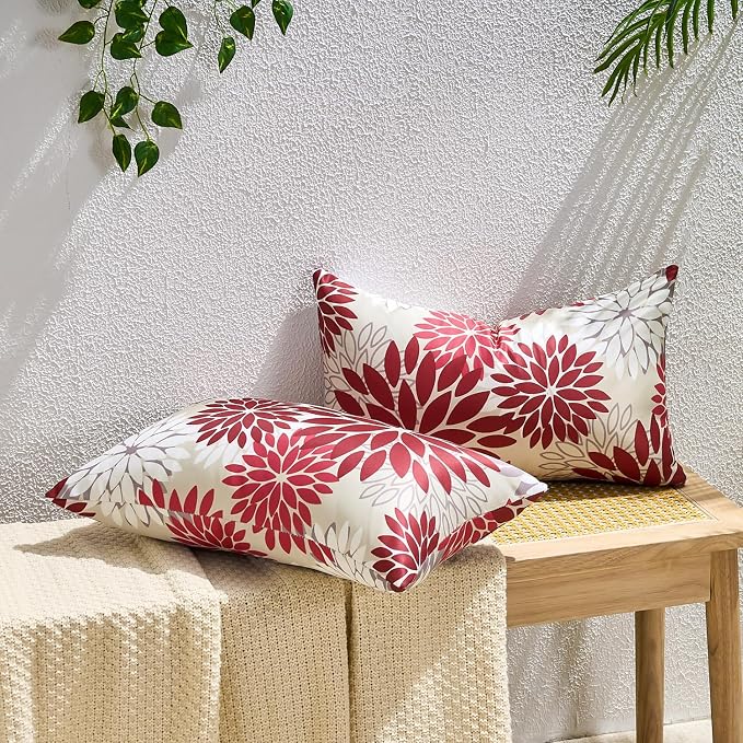 Outdoor Waterproof Pillow Covers Set of 2 Dahlia Decorative Throw Pillow Covers 12x20 Inch Waterproof Cushion Cover Red and Pink Square Pillowcases for Living Room Patio Garden Couch Bench