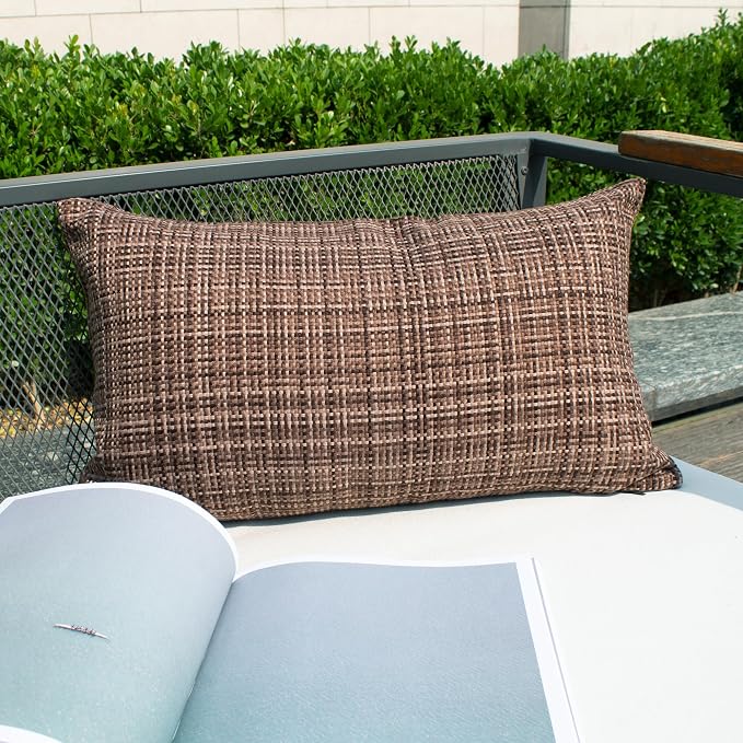 Kevin Textile Outdoor Waterproof 14"x24" Lumbar Pillow Covers 2 Pack Coffee | Water Resistant, Faux Linen Yarn-dyed, Woven Texture Throw Pillow Covers for Tent Patio Garden Couch Sofa