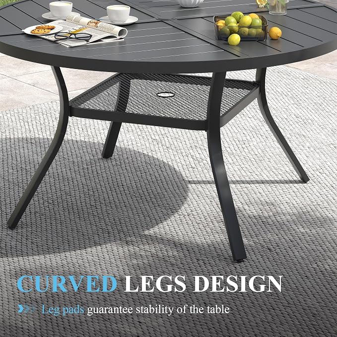 VICLLAX 47.2" Round Patio Table with Umbrella Hole, All Weather Metal Outdoor Dining Table for 6, Outside Table with Storage Shelf for Lawn Garden, Black