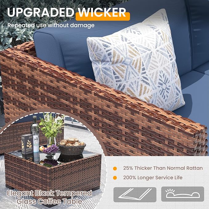 UDPATIO Patio Furniture Set with 44'' Fire Pit Table, 8 PCS Outdoor Sectional Furniture Sets, Slanted Back Outdoor Conversation Set PE Rattan Sofa for Porch W/Coffee Table, Blue