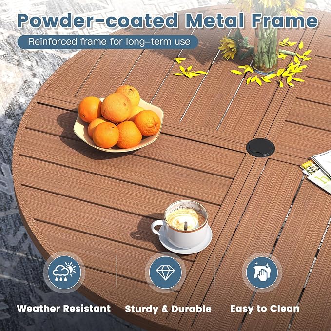 DIFY 11 Piece Outdoor Dining Set, 63" Walnut Round Metal Dining Table and Brown Textilene Stackable Patio Chairs, Patio Table and Chairs Set for 10 with Umbrella Hole for Backyard Garden Deck
