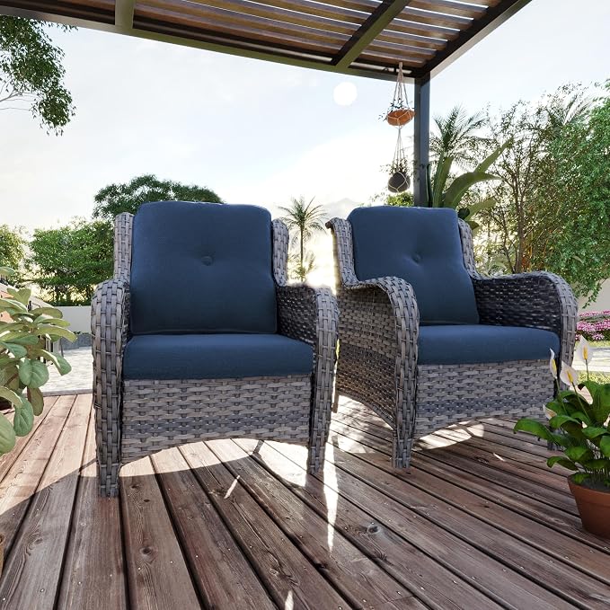 Outdoor Wicker Chair Rattan Patio Dining Chairs Set of 6 PE Wicker Patio Chairs with 4 inch Seat Cushions Outdoor Patio Seating Chair for Garden, Backyard Swimming Pool, Balcony, Blue