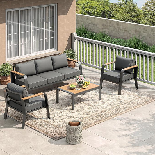 Garvee Aluminum Outdoor Patio Furniture Set with Coffee Table 5 Seats Patio Conversation Set Washable Thick Cushions All-Weather Metal Outdoor Furniture Sets for Poolside Balcony Deck, Gray