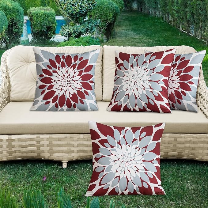 Pack of 4 Outdoor Waterproof Pillow Covers 18x18 Decorative Outdoor Throw Pillows Garden Square Cushion Cases for Patio Furniture, Couch, Tent Sunbrella, Bench, Burgundy Red Grey