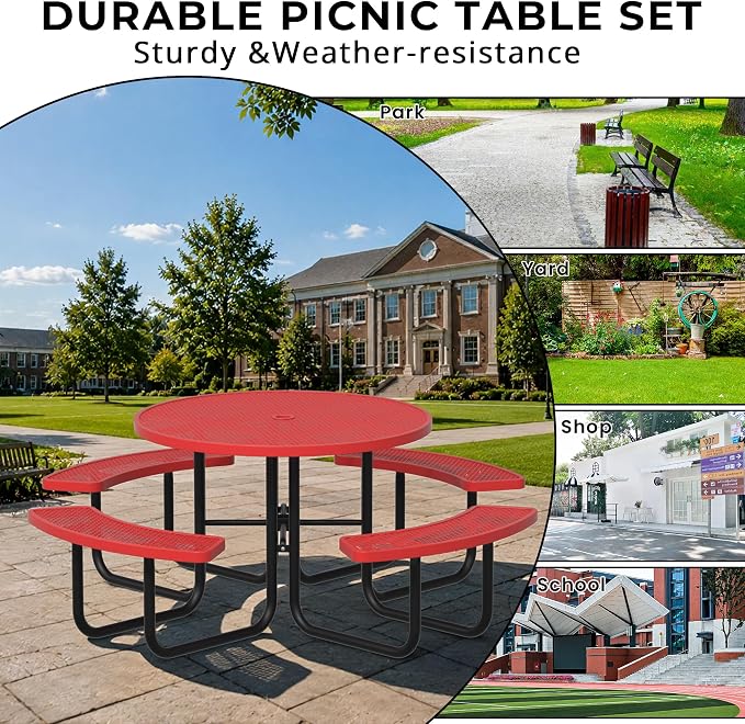 All-Weather Round Outdoor Picnic Table, Commercial Picnic Table Bench Set with Umbrella Hole, Thermoplastic Coated Metal Dining Tables for School, Stores, Park, Patio, Yard, Red